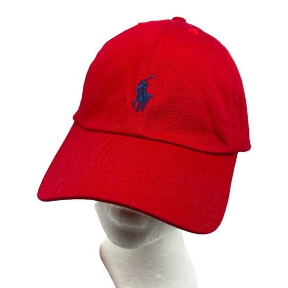 Polo Ralph Lauren Red Cotton Young Mens Chino Adjustable Ball Cap Hat Navy Pony - Picture 1 of 5
